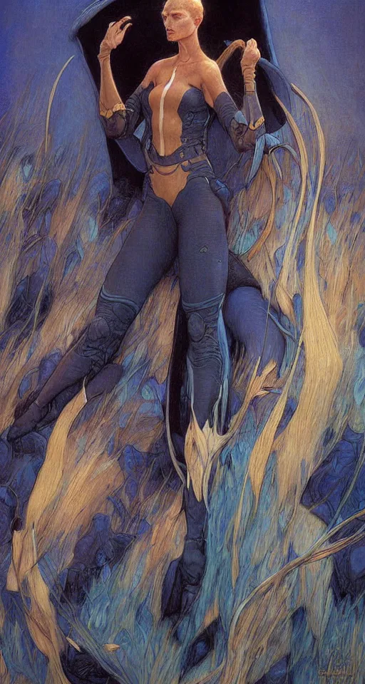 Image similar to beautiful female fremen on dune, by edgar maxence artgerm ross tran and michael whelan and gustav klimpt