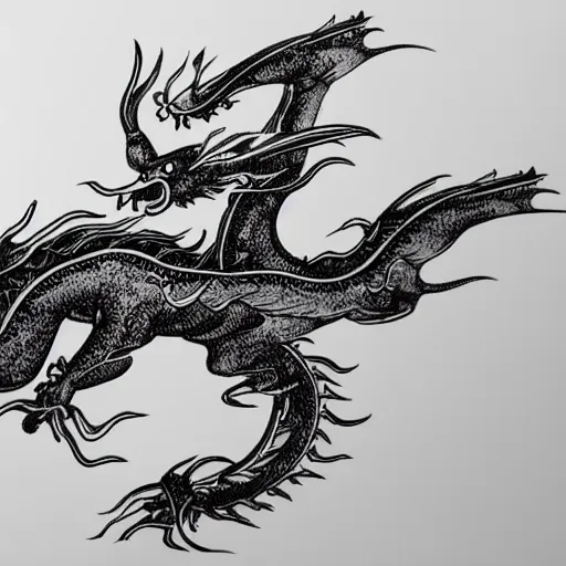 Image similar to a vinyl decal of a flying Chinese dragon, black ink shading on white background