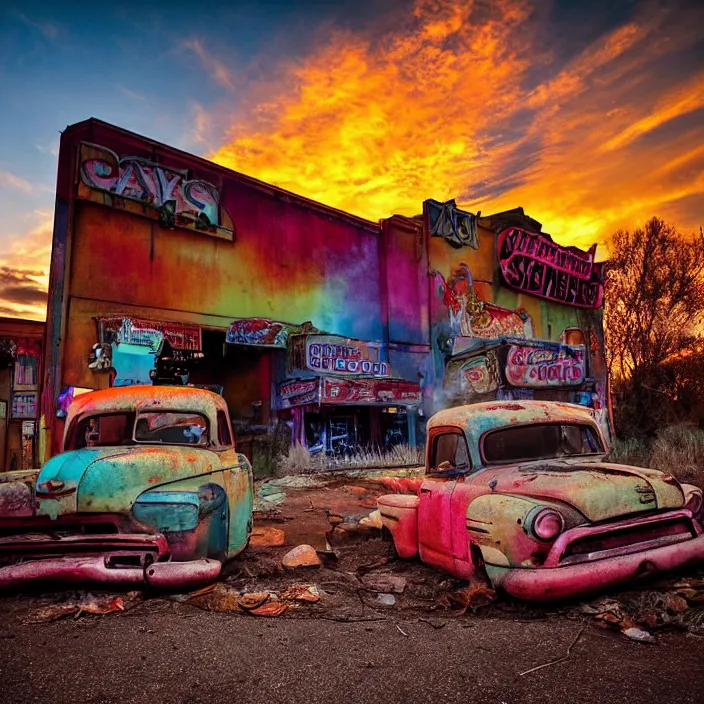 Image similar to a sunset light landscape with historical route 6 6, lots of sparkling details and sun ray ’ s, blinding backlight, smoke, volumetric lighting, colorful, octane, 3 5 mm, abandoned gas station, old rusty pickup - truck, beautiful epic colored reflections, very colorful heavenly, softlight