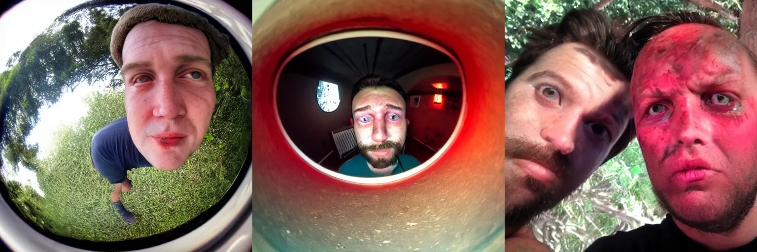 Prompt: fish eye selfie of a sweaty man with a red face and bloodshot eyes