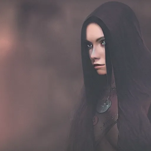 Prompt: beautiful portrait of a dark sorceress female, 35mm, cinematic shot, photorealistic, depth of field, style of irwing penn