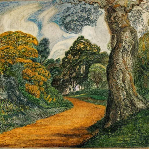Image similar to a country path in the style of Samuel Palmer