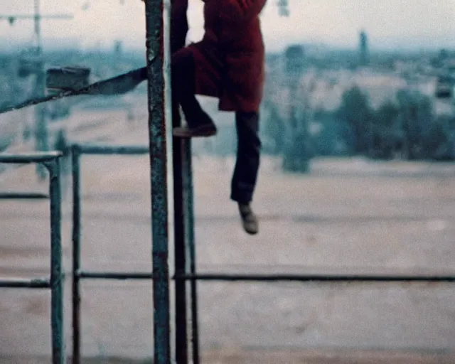 Image similar to lomo photo of man standing on the roof of soviet hrushevka, small town, cinestill, bokeh, out of focus