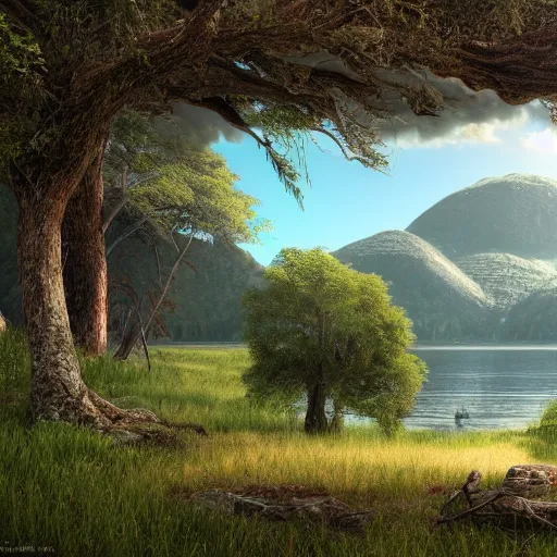 Prompt: large savannah landscape with mountain pass and a lake, daylight, hyperdetailed, sharp, artstation, 3 d render, ray tracing