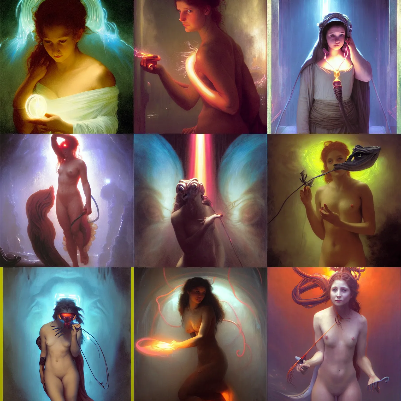 Prompt: awe-inspiring award-winning concept art painting of attractive Emma Kenney anglerfish in neon shrouds as the goddess of lasers, sparks, by Michael Whelan, William Adolphe Bouguereau, John Williams Waterhouse, and Donato Giancola, cyberpunk, extremely moody lighting, glowing light and shadow, atmospheric, shadowy, cinematic, 8K,