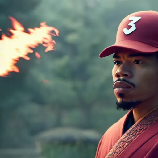 Image similar to cinematic film still of Chance The Rapper starring as a Samurai holding fire, Japanese CGI, VFX, 2022, 40mm lens, shallow depth of field, film photography