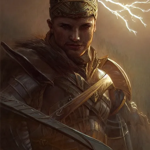 Image similar to an epic fantasy comic book style portrait of a male ranger warrior, castle setting, horror movie lightning, intricate, elegant, highly detailed, digital painting, artstation, concept art, matte, sharp focus, illustration, art by artgerm and greg rutkowski and alphonse mucha