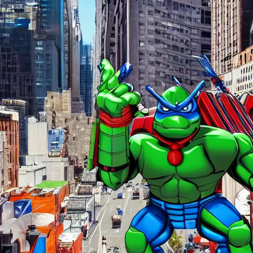 Image similar to optimus prime fights the teenage mutant ninja turtles in NYC, 4K, intricate detail,