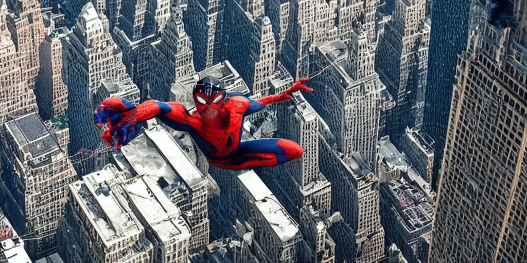 Prompt: a cgi film render of Tom Holland flying with web shooters through New York fighting venom in new york, cinematic, detailed 1000K, dark, inspiring