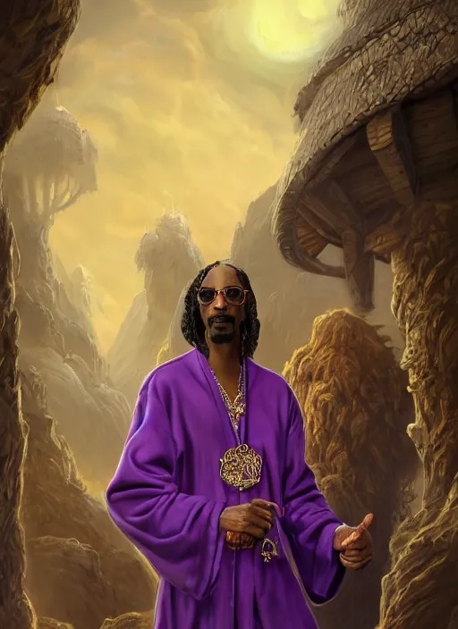 Image similar to snoop dogg as a mage, short beard, grumpy, intricate purple robes, Ivan Aivakovsky, Boris Vallejo, epic fantasy character art, D&D Concept Art, full length, ultra Realistic, Regal, Refined, Detailed Digital Art, Exquisite detail, post-processing, masterpiece, Cinematic Lighting, Unreal Engine, 8k, HD,