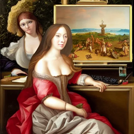 Image similar to renaissance oil painting, rococo, manga skinny female artist gestural painting brush freely giant wall size computer screen and keyboard