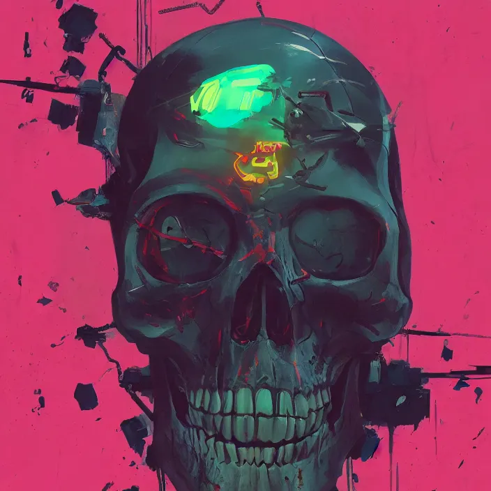 Image similar to a colorful comic noir illustration painting of a cyberpunk skull by sachin teng and sergey kolesov and ruan jia and heng z. hyper detailed. octane render. trending on artstation