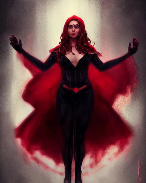 Prompt: Scarlet witch outfit Sarah Michelle Gellar, black magic, realistic character concept, full body, scary pose, comic book, illustration,;cinematic lighting, high resolution, Charlie Bowater, Norman Rockwell, symmetrical eyes, single face, detailed and intricate, beautiful