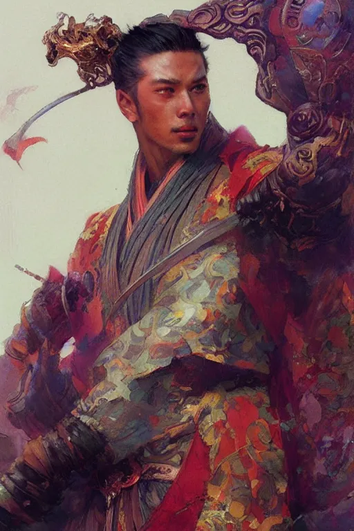 Image similar to attractive man, wuxia, colorful, painting by gaston bussiere, craig mullins, greg rutkowski, j. c. leyendecker