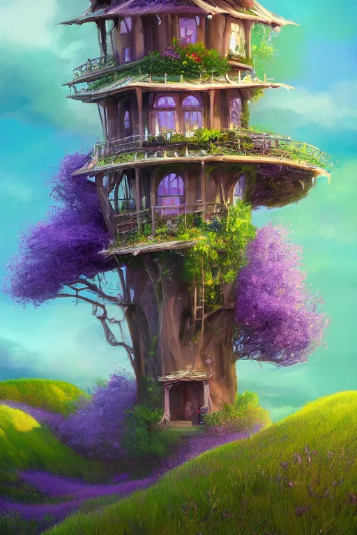 Image similar to beautiful digital matter cinematic painting of whimsical tall house, green hills with lavender bushes, whimsical storybook style by greg rutkowki artstation