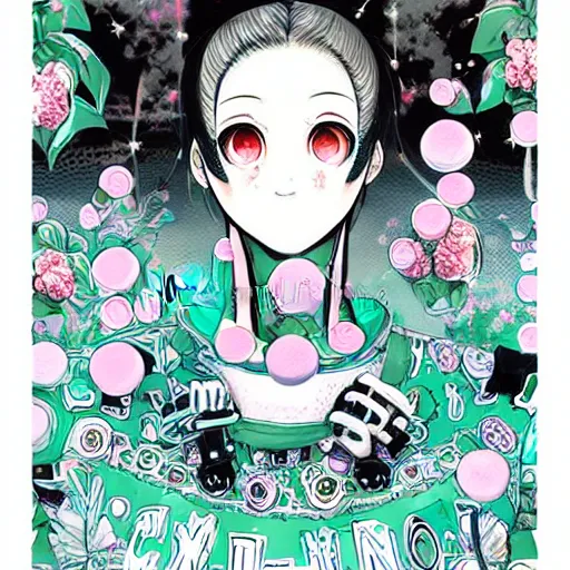 Prompt: ai yazawa cover illustration of very symmetrical portrait of teens in fruits magazine steetwear illustration of cute cool fashion worn in the far future with glowing led lights and plants, futuristic!!! haute couture fashion!!!!, nanotechnology and cybernetics!!! and solar power and prosthetic, detailed elegant manga illustration intaglio