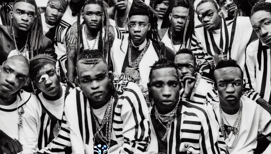 Prompt: Stylized Adidas Portrait Poster of a group of young Jamaican gangsters, Classic black with 3 white stripes theme, thugs, 2022, Gold Chains, Gold Teeth, Extended Clip, Glocks, Dracos, Ski Masks, Gang Members, Gang Flags, Bandanas, Pounds of weed, Moody, Shocking, Smoke, 8k, hd, high resolution print by Henri Cartier-Bresson on a Leica camera