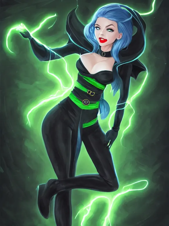 Prompt: full body portrait of a female wizard in a classroom, skintight black bodysuit, blue tight boots, black pants, dark blue cape, only two arms, green hair, attractive, green eyes, white face, cute smile, lightning, very detailed face, highly detailed, dnd, high fantasy, digital illustration, by rossdraws