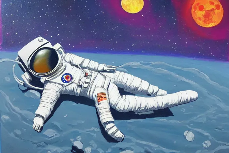 Image similar to A painting of an astronaut laying on the moon, in the style of Flooko, acrylic art, detailed,