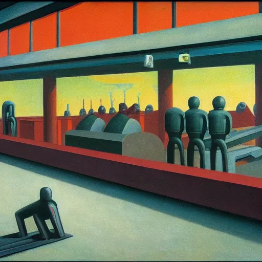 Prompt: powerless humans on a conveyor belt, guarded by fascist robot overlords, brutalist industrial processing facility, dystopian, pj crook, edward hopper, oil on canvas