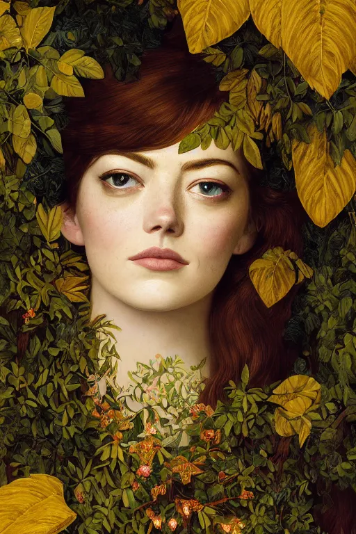 Prompt: masterpiece beautiful seductive flowing curves preraphaelite face portrait of emma stone amongst leaves, extreme close up shot, yellow ochre ornate medieval dress, branching abstract decorate structural circle, halo, amongst foliage, gold gilded circle halo, kilian eng and frederic leighton and rosetti, 4 k
