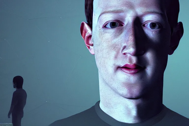 Image similar to creepy mark zuckerberg portrait stuck in the matrix, glitchy, buggy, playstation 1 graphics, low poly 3 d render, creepypasta, volumetric lighting, octane render, scary, award - winning, detailed, weird, close - up, featured on artstation, strange, off - putting, demonic, odd, atmospheric, ambient, spooky