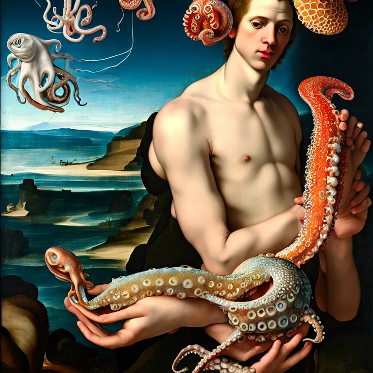 Prompt: young white man standing in a shell, holding a squid, octopus, sea in the background, beautiful baroque portrait painting, psychedelic, trippy, hallucination, dream, beautiful detailed intricate insanely detailed octane render trending on Artstation, 8K artistic photography, photorealistic, chiaroscuro, Raphael, Caravaggio,