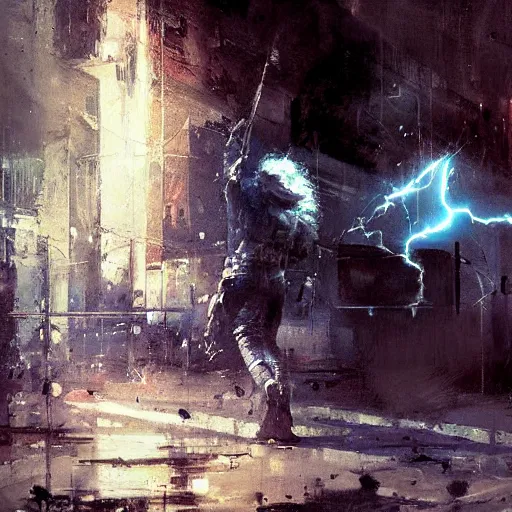 Image similar to knight holds lightning in his hand bolts of lighting everywhere, realistic, ultrahd, jeremy mann painting