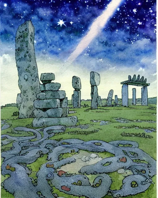 Image similar to a hyperrealist studio ghibli watercolor fantasy concept art. in the foreground is a giant grey octopus building and putting stones in to place on top of stonehenge with a starry sky. by rebecca guay, michael kaluta, charles vess