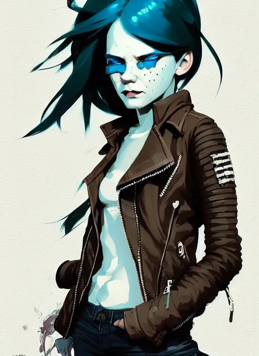 Image similar to highly detailed portrait of a sewer punk lady student, blue eyes, leather jacket, white hair by atey ghailan, by greg rutkowski, by greg tocchini, by james gilleard, by joe fenton, by kaethe butcher, gradient blue, black, brown and cyan color scheme, grunge aesthetic!!! ( ( graffiti tag wall background ) )