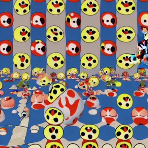 Image similar to screenshot of Super Mario 64 design by Yayoi Kusama, Takashi Murakami