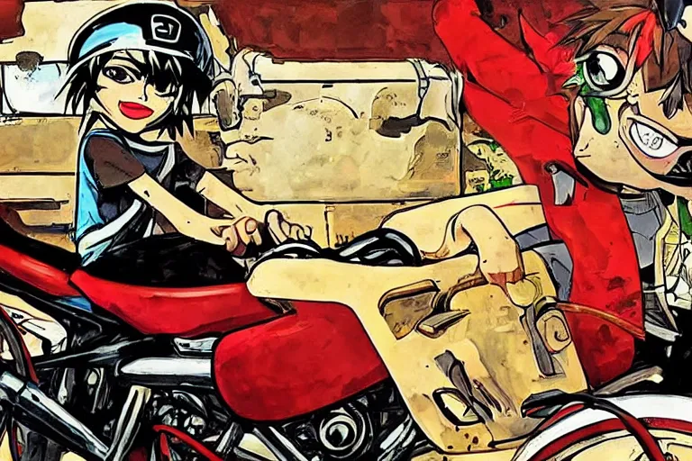 Image similar to italian pizza, akira's motorcycle, gorillaz, advertisement, kid drawn