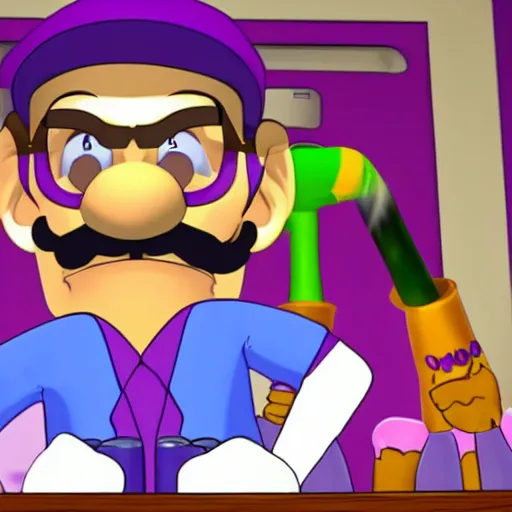 Prompt: Waluigi hanging out with his boys at the bar, smoking weed