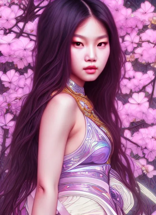 Prompt: jennie of blackpink, goddess of the moon, highly detailed, digital painting, smooth, sharp focus, illustration, ultra realistic, unreal engine, 8 k, art by artgerm and alphonse mucha