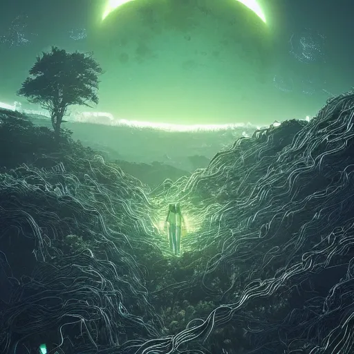 Image similar to alien world made from wires, detailed landscape, intricate complexity, 3 bright moons, green glow, by greg rutkowski, artgerm, ross tran, conrad roset, takato yomamoto, ilya kuvshinov. 4 k, beautiful, cinematic dramatic atmosphere