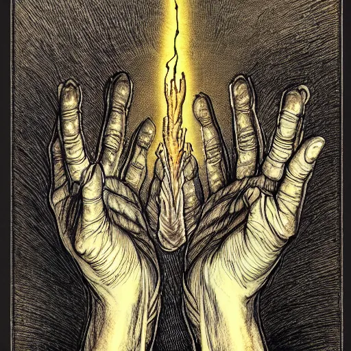 Image similar to portrait of glowing hand casting holy spell , in the style of Greg Broadmore and junji ito and Arthur Rackham and Moebius, trending on artstation, light lighting side view,digital art,surrealism ,macro,blueprint ,vaporwave ,