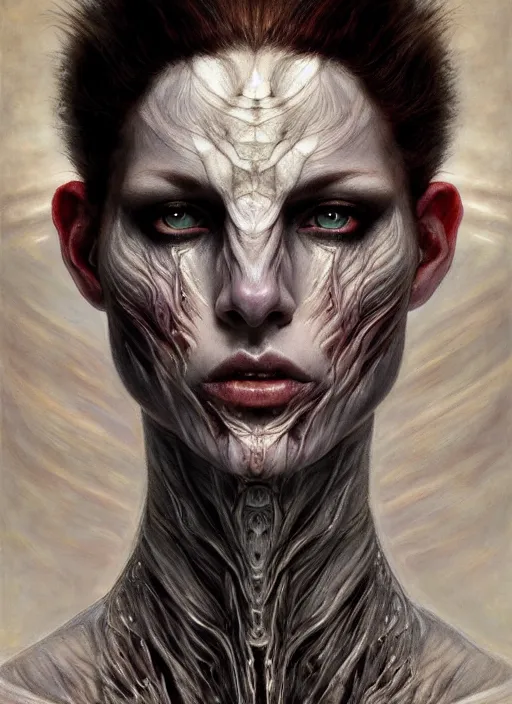 Image similar to half demon half human intricate skin pattern texture, elegant, peaceful, full body, white horns, hyper realistic, extremely detailed, dnd character art portrait, fantasy art, intricate fantasy painting, dramatic lighting, vivid colors, deviant art, artstation, by edgar maxence and caravaggio and michael whelan and delacroix.