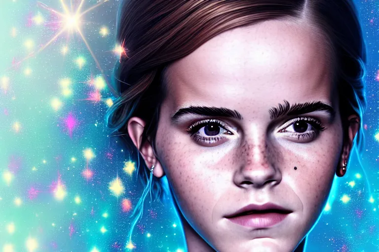 Image similar to surreal Portrait of Emma Watson in dmt chromatic surreal sparkling liquid enviroment , elegant, highly detailed, smooth, photoreal, sharp focus, illustration, beautiful, geometric, dmt trending on artstation, cinematic, artwork by WLOP