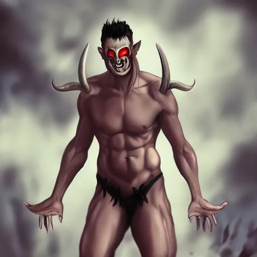 Image similar to fit male demon with white horns, young, careless, full body, still, photograph, digital painting, trending on artstation, masterpiece, in the style of JB Casacop