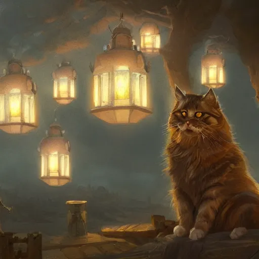 Image similar to concept art, siberian cat behind lanterns, 8 k, by james gurney, greg rutkowski, john howe, artstation