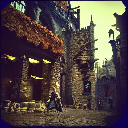 Image similar to “out for a walk in the castle marketplace. Epic high fantasy setting. Surreal lighting and depth”