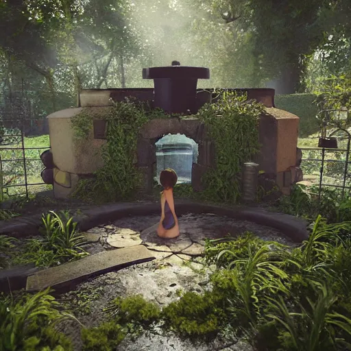 Image similar to E-girl talks to a magical well, in the backyard of an overgrown suburb, beautiful detail, unreal engine, concept art