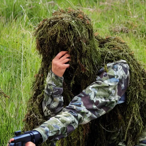 Image similar to a sniper in a ghillie suit in the bushes