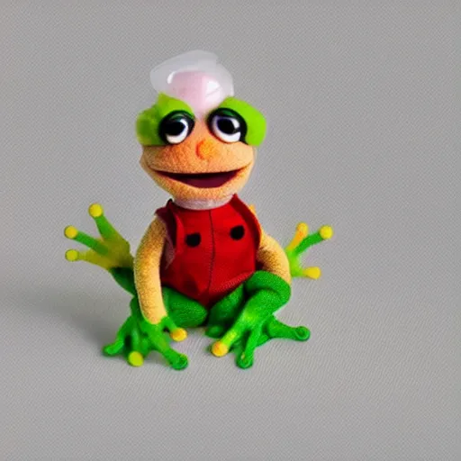 Image similar to frog cleric as an albino chibi muppet plush made entirely from transparent egg white sheer fabric wearing red and green overalls and carrying a tiny sketch book and pencil, photorealistic, photography, national geographic, sesame street