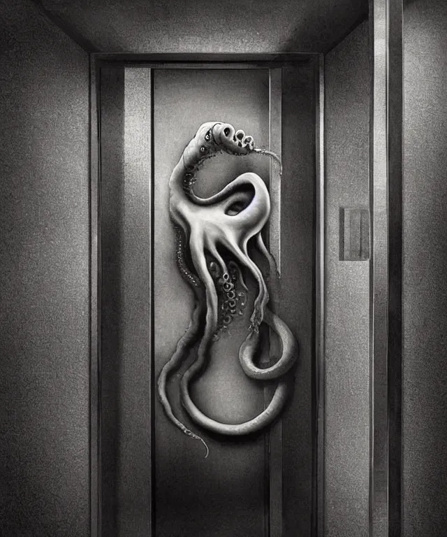 Image similar to horrifying full color photorealistic image an old hotel elevator lobby, elevator doors look like a mouth, with a tentacle - shaped tongue, licking out, dark, atmospheric, brooding, smooth, finely detailed, cinematic, epic, in the style of lee gibbons