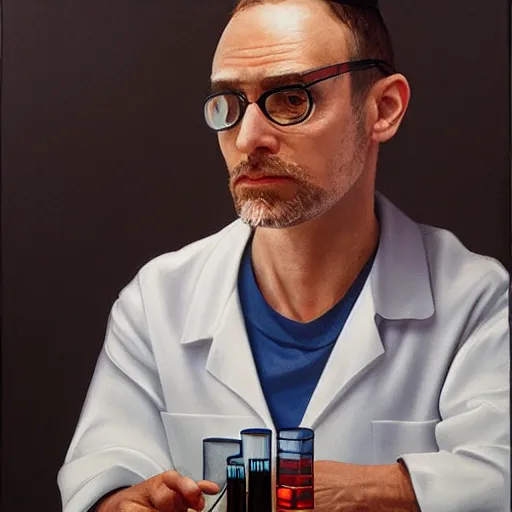 Prompt: hyperrealism hyperrealistic portrait style where a scientist appears using test tubes