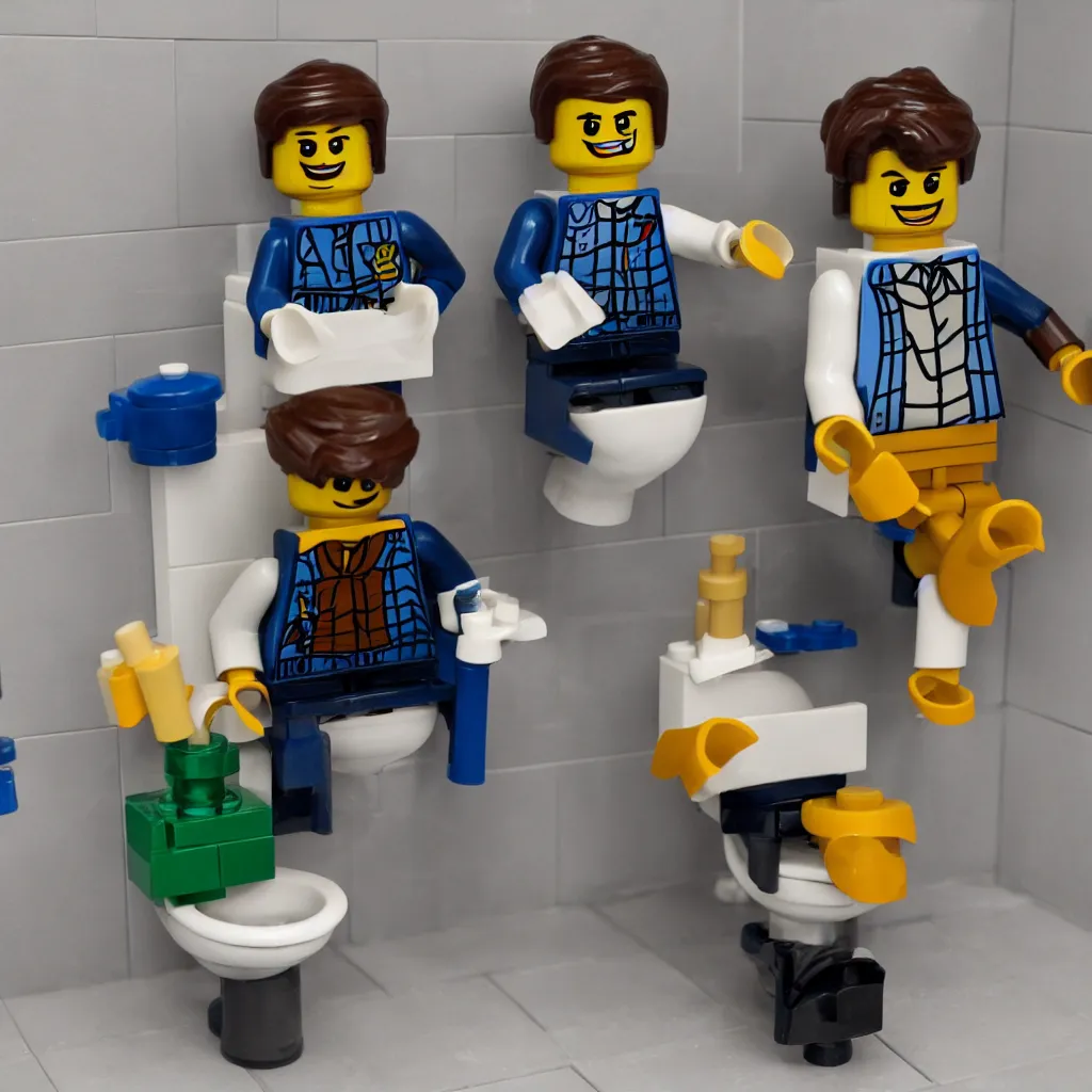 Prompt: a lego figure of a man, sitting on a toilet with his pants down. there is a stream of lego bricks coming out of his behind