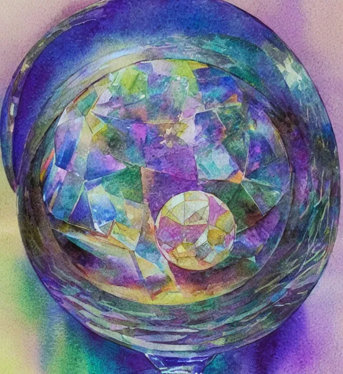 Image similar to a 1988 watercolor and ink illustration of an intricate and faceted crystal ball with a world inside of it + dissolving in to light + prism + god rays + dramatic lightning + backlit + specular + caustics