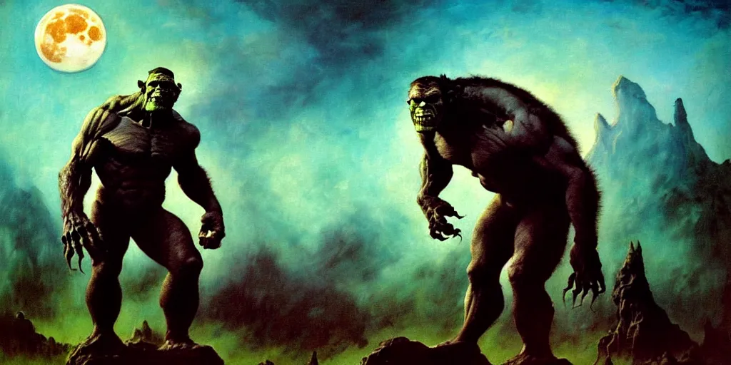 Prompt: by frazetta , panoramic close up of realistic oversized werewolf , oversized frankenstein ,oversized mummy, all epic poses , full body backlight ,top light ,full body portrait ,highly textured oil painting ,jungle ,cyan graveyard with backlight from the moon ,foggy background ,with dramatic sky ,clouds and giant oversized moon and storm