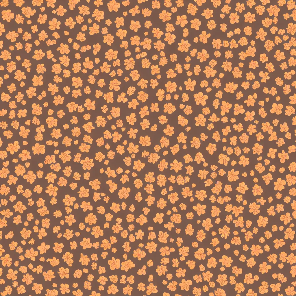 Image similar to repeating fabric pattern, minimalistic, miniature tiny orange and peach color flowers, brown vines and leaves